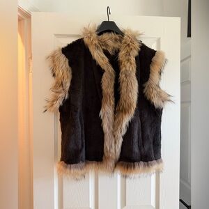 Real sheared dark brown Mink and Raccoon Fur Vest with brown suede lining